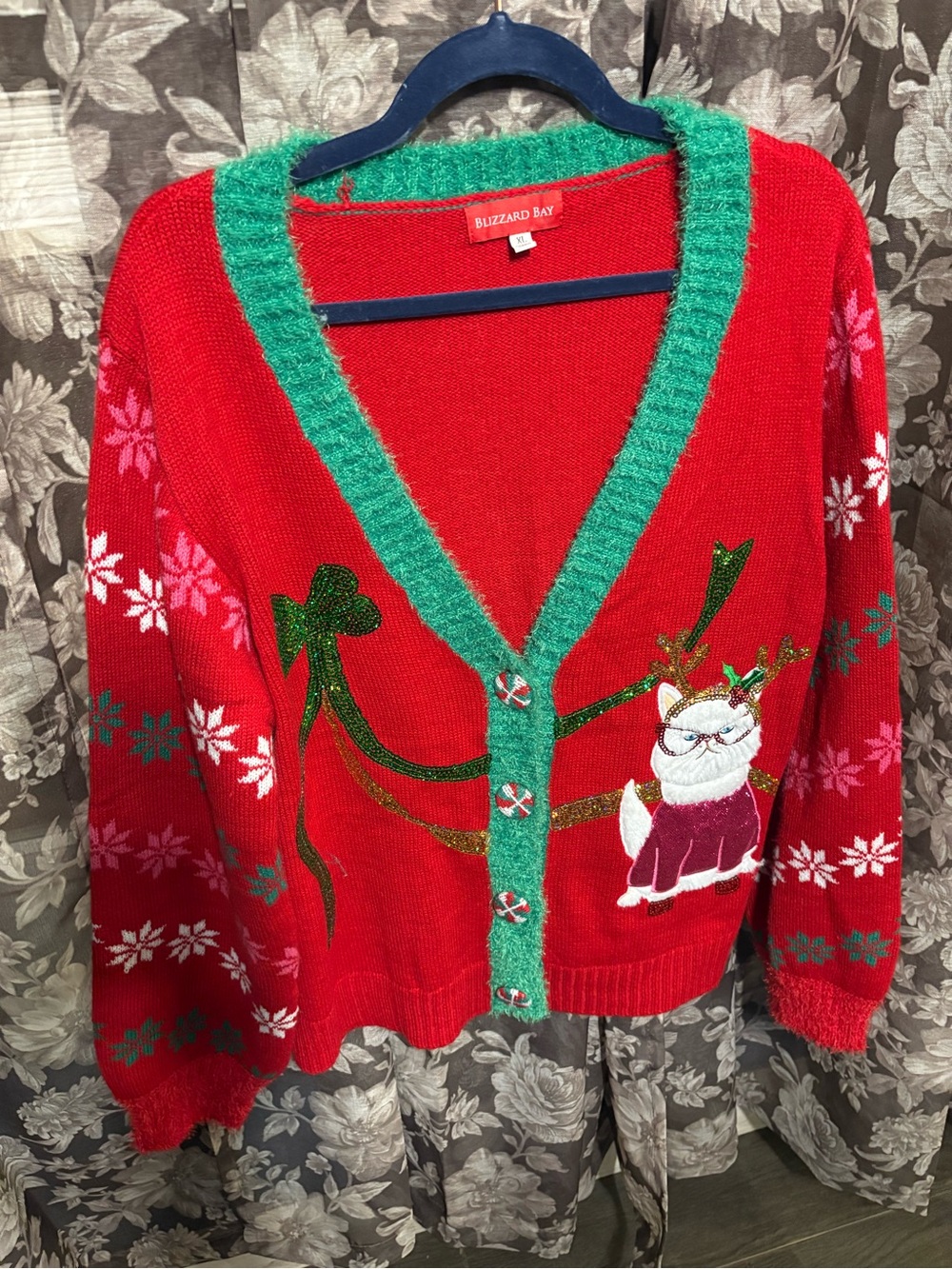 Red Cat Christmas Cardigan Sweater with Green Trim